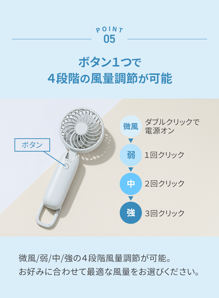 ボタン1つで４段階の風量調節が可能