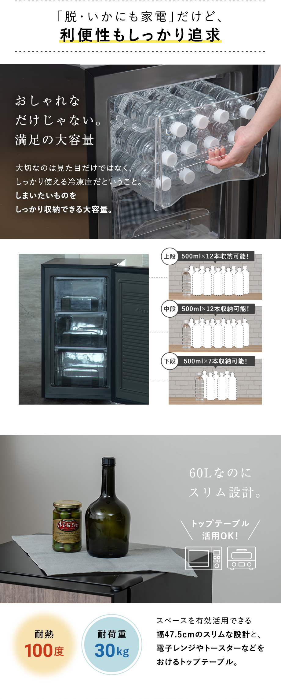 「脱・いかにも家電」だけど、利便性もしっかり追及 60Lなのにスリム設計 おしゃれだけじゃない満足の大容量 耐熱100度 耐荷重30kg