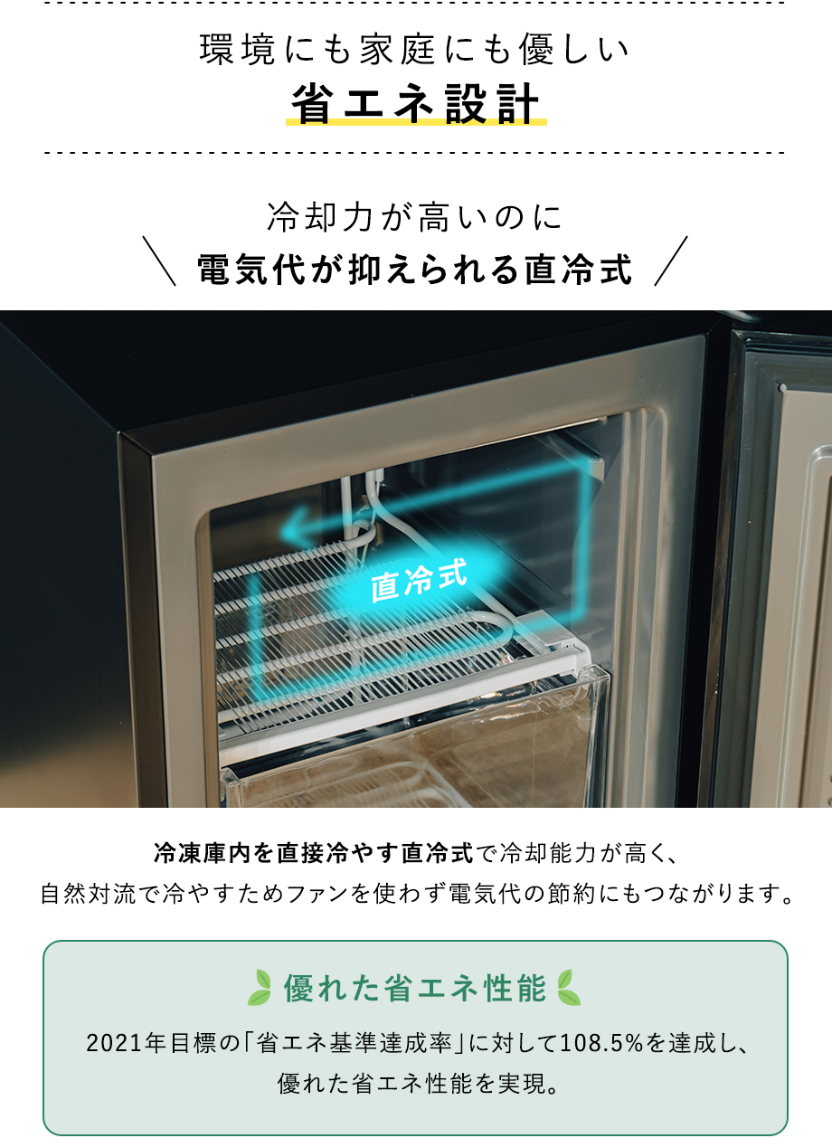 環境にも家庭にも優しい省エネ設計 冷却力が高いのに電気代が抑えられる直冷式 優れた省エネ性能